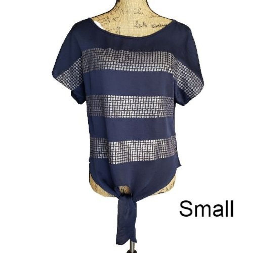 Women's Short Sleeve Tie Front Blue Silver Metallic Sequin Blouse Small